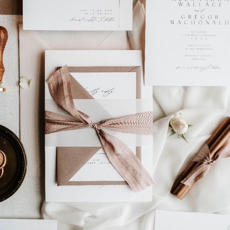 Classic Black & White Minimalist Wedding Stationery with Pink Ribbon