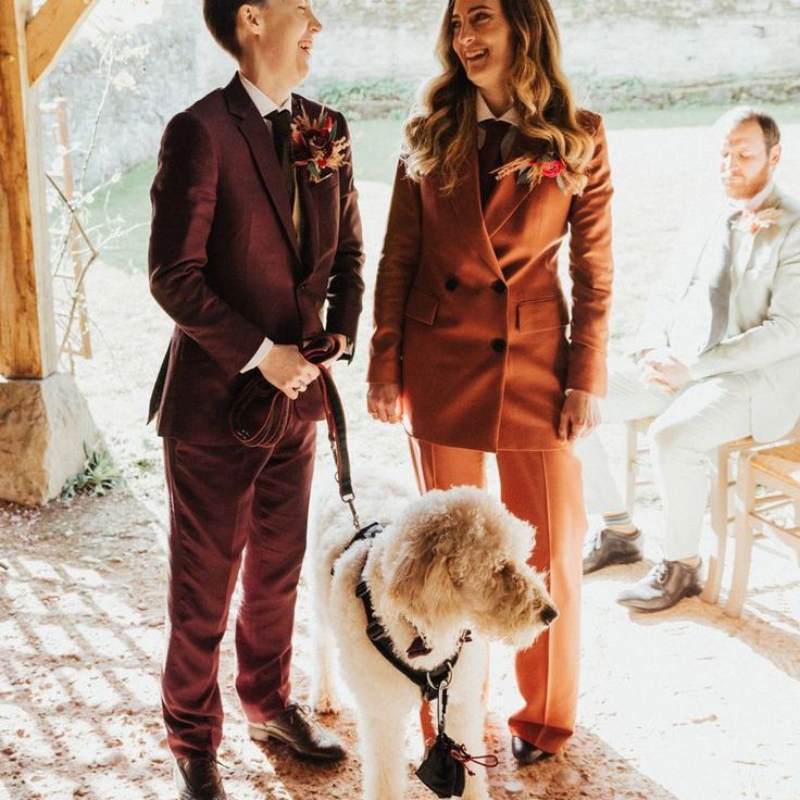 Colourful Retro Wedding with A Burgundy & Orange Wedding Suit with Pet Dog