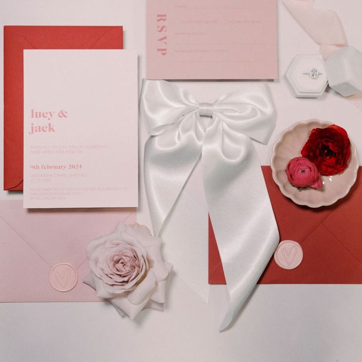 Pink & Red Wedding Stationery Suite with White Satin Bow