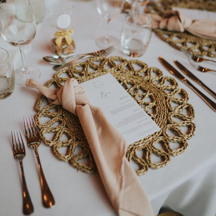 Rustic Wedding Place Setting with Wicker Place Mat & Pink Napkins