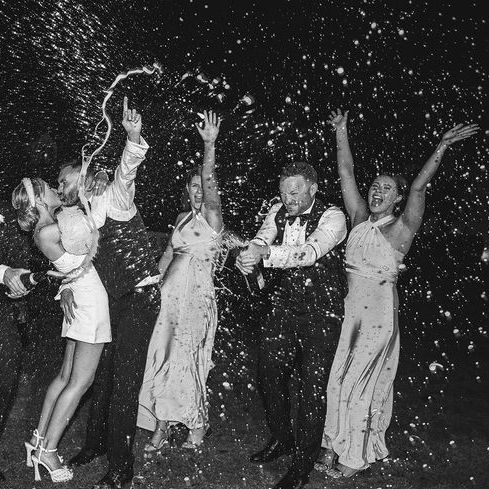 Wedding Party Champagne Spray Black & White Photo