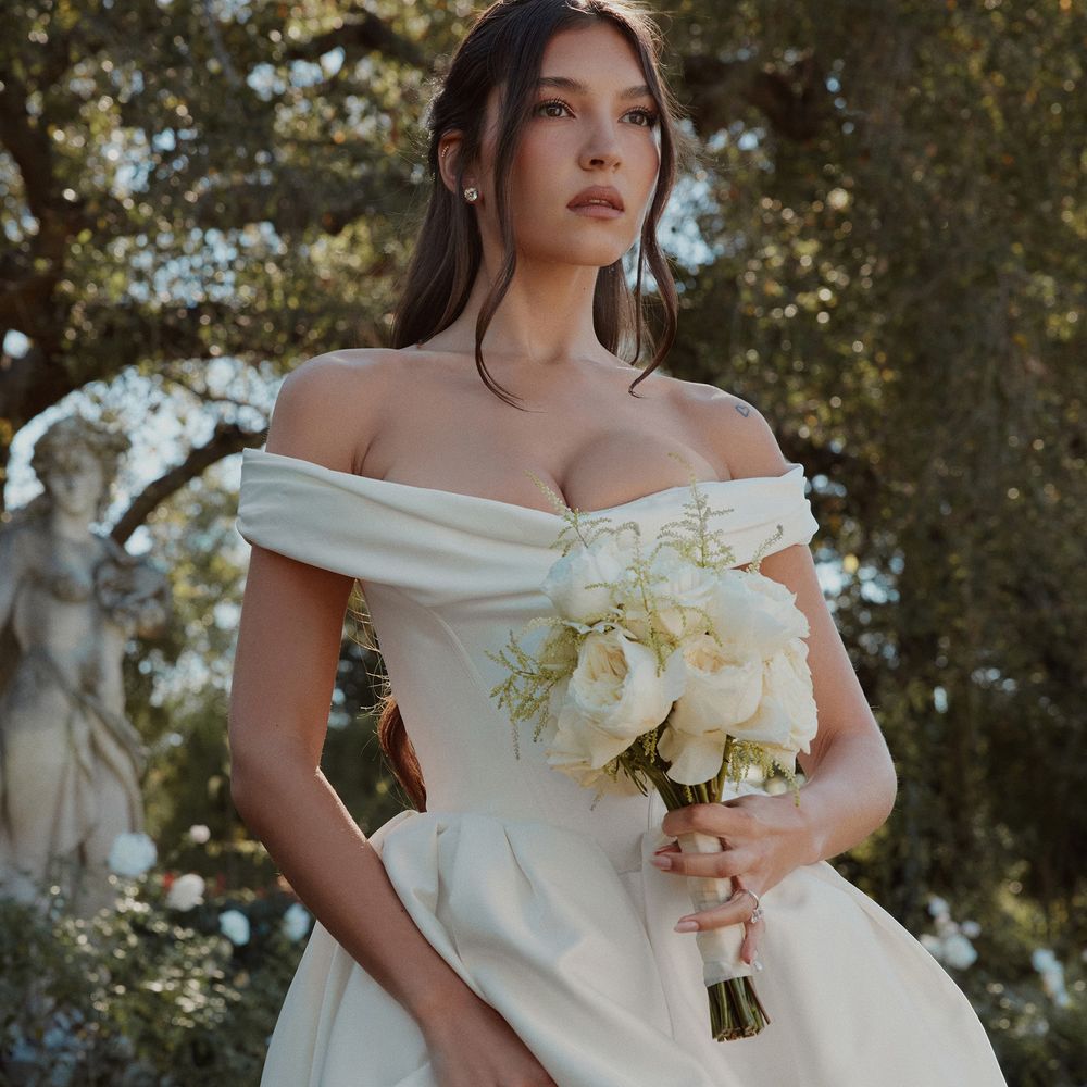 Satin off shoulder short house of cb registry office wedding dress