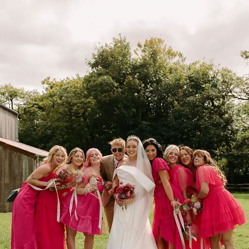 Bright pink tulle mismatched bridesmaid dresses
