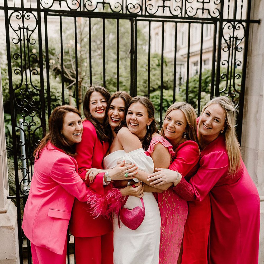 Hot pink bridesmaid dresses and suits 
