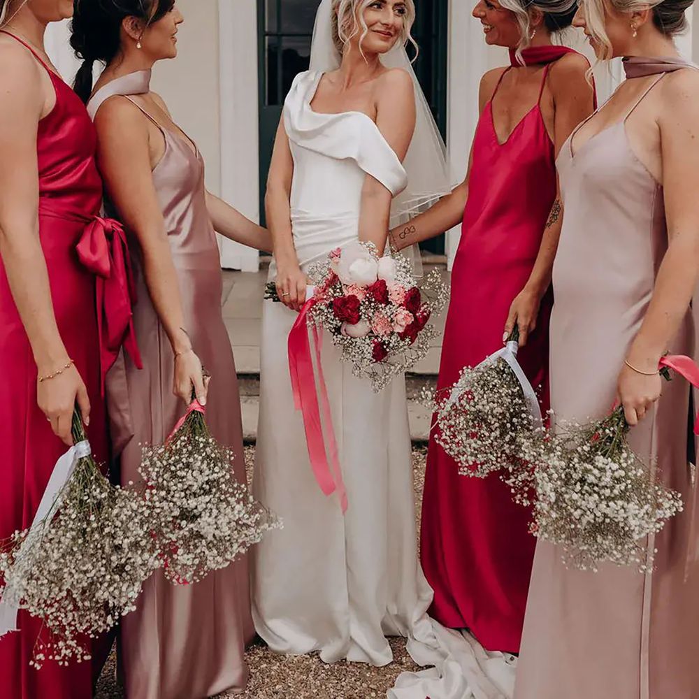 Mismatched light and bright pink satin bridesmaid dresses