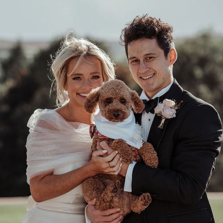 Bride & Groom with Pet Dog and Satin Scarf For Black Tie Wedding