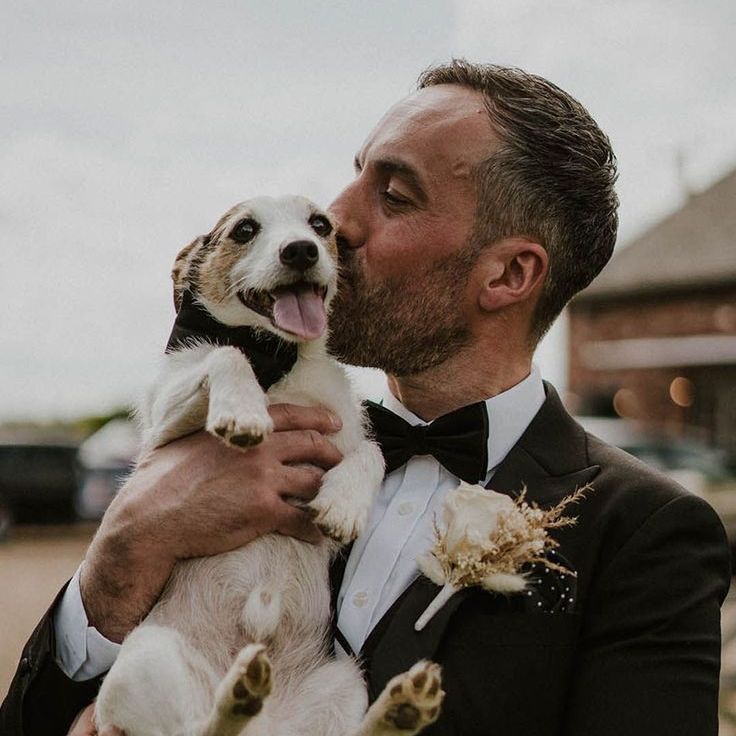Groom Holding Pet Dog At Wedding
