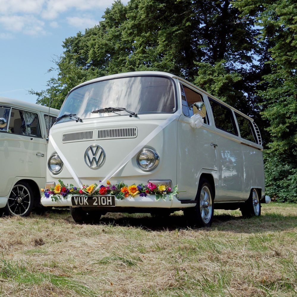 white vw wedding campervan flowers