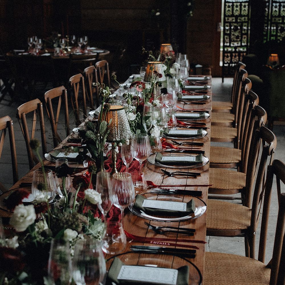 Winter red and green dark moody tablescape 