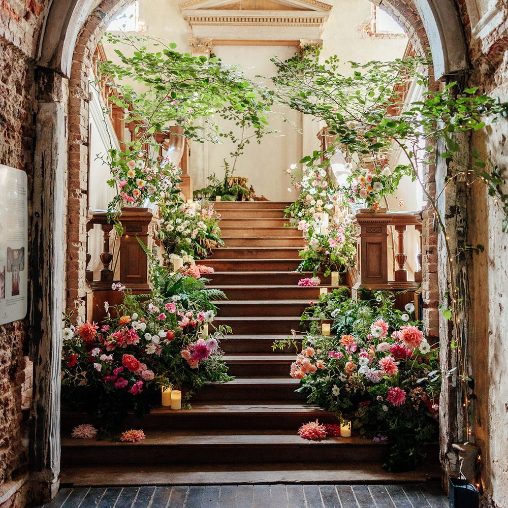 Pink wedding flowers at The Grange, Hampshire