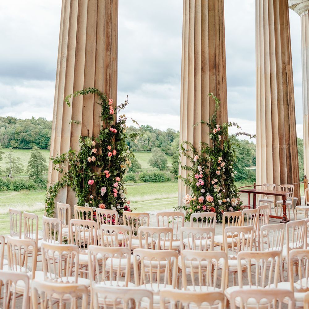 The Grange Hampshire outdoor wedding ceremony space with pillars