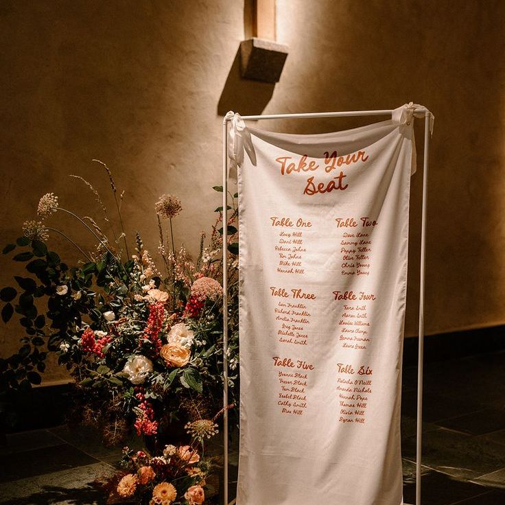 Orange & White Fabric Wedding Seating Plan Signage