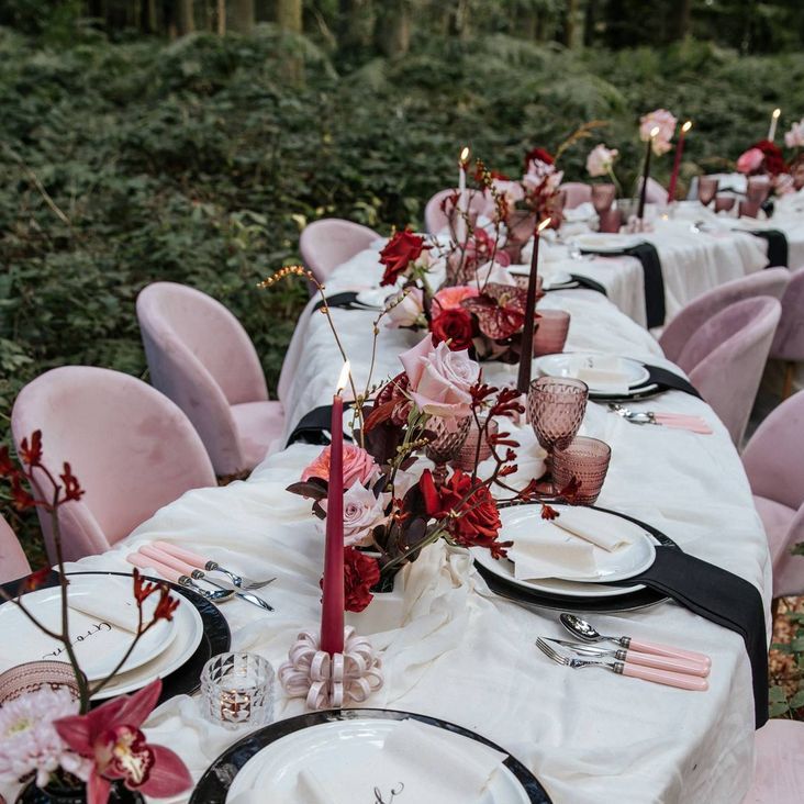 Pink Wedding Serpentine Table Setting For Woodland Wedding