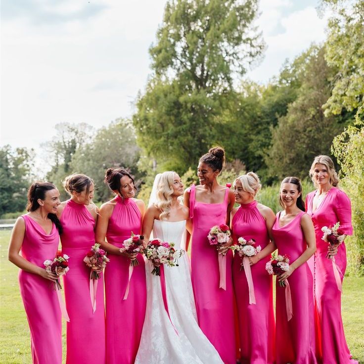 Bridal Party in Hot Pink Satin Bridesmaid Dresses