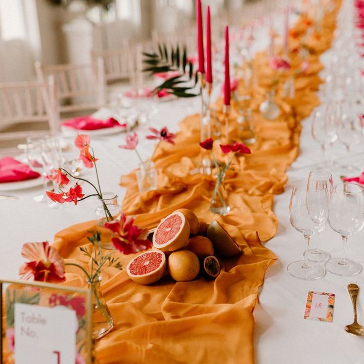Bright Pink & Mustard Yellow Wedding Tablescape with Fruit Centrepieces