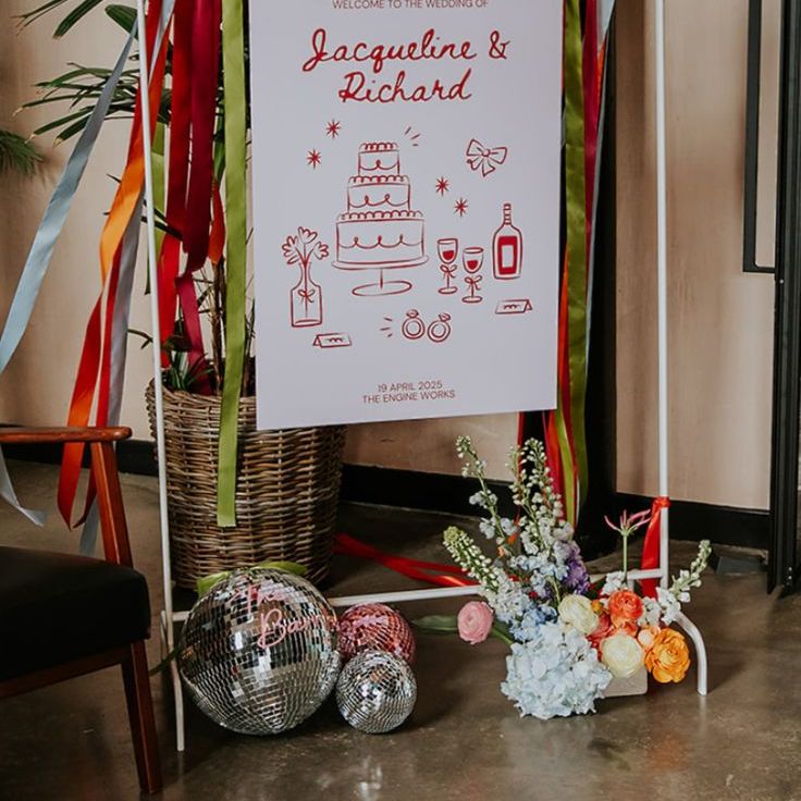 Colourful Wedding Welcome Signage with Bright Ribbons