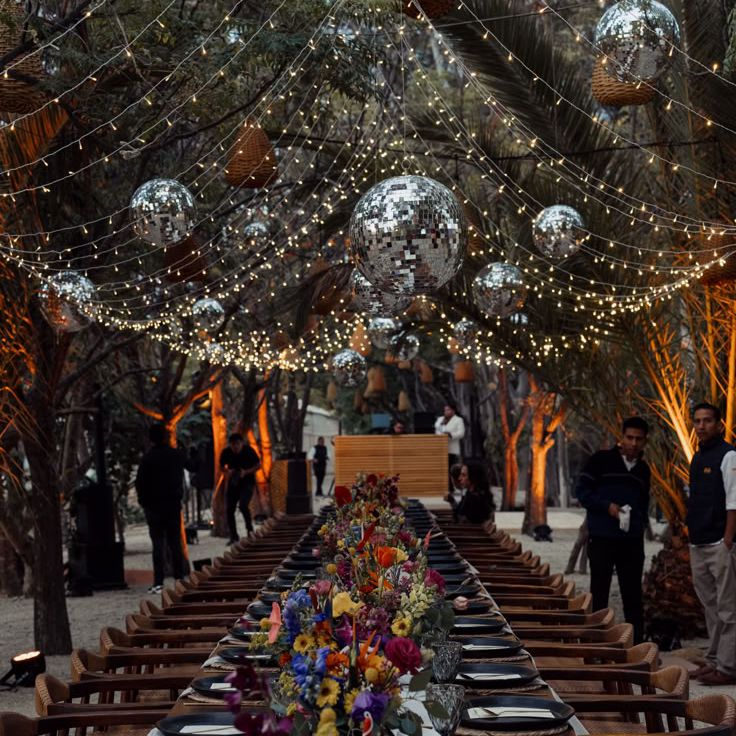 Disco Balls & Fairy Light Canopy For Outdoor Wedding Breakfast