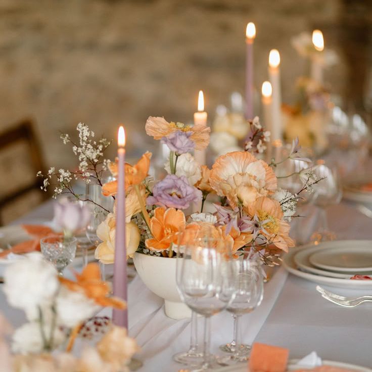 Peach & Lilac Wedding Table Flowers Centrepiece Idea