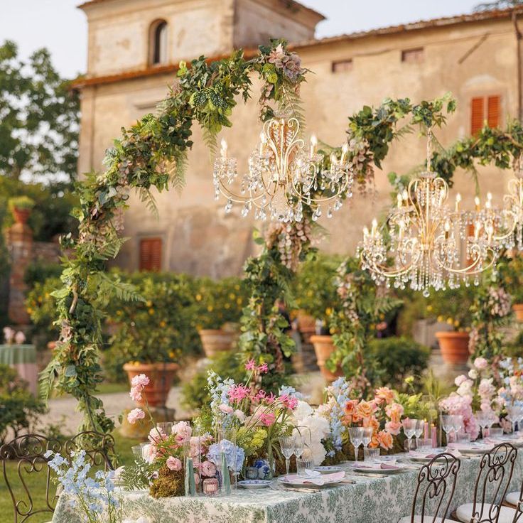 Stunning Outdoor Wedding Tablescape With Hanging Chandeliers In Italy