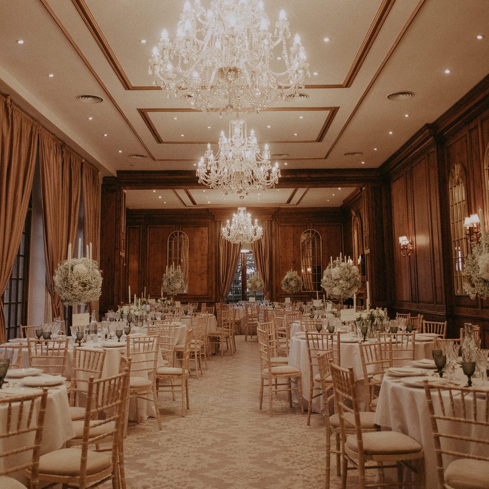 Hedsor House ballroom with chandeliers