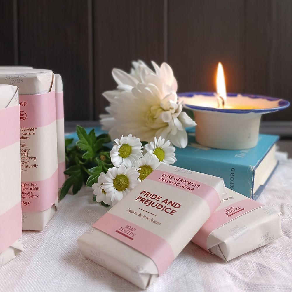 Literary themed soaps with personalised packaging for unique wedding keepsake