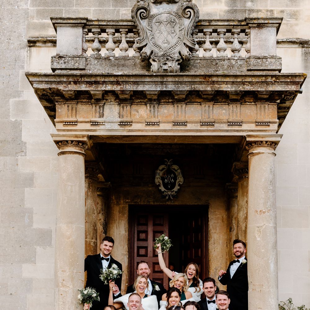Wedding party at the steps of famous Elmore Court entrance