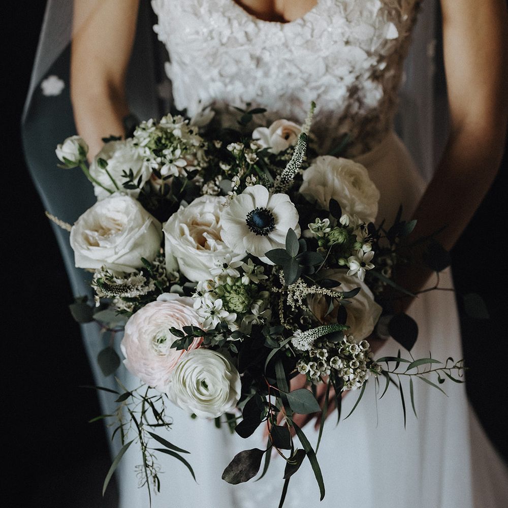 Moody Blooms white wedding bouquet with anemones 