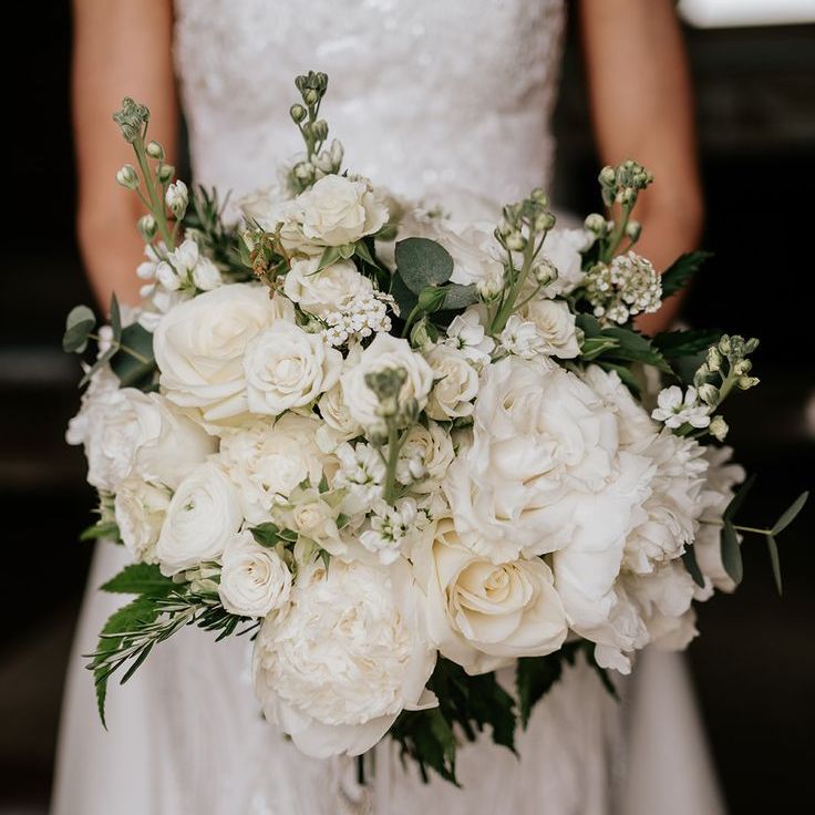 All White Flower Wedding Bouquet with Roses, Peonies and More