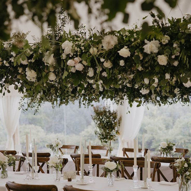 All White Wedding Flowers Installation with Roses & Foliage
