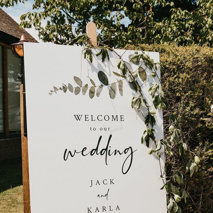 Classic White Wedding Welcome Sign with Foliage Decor