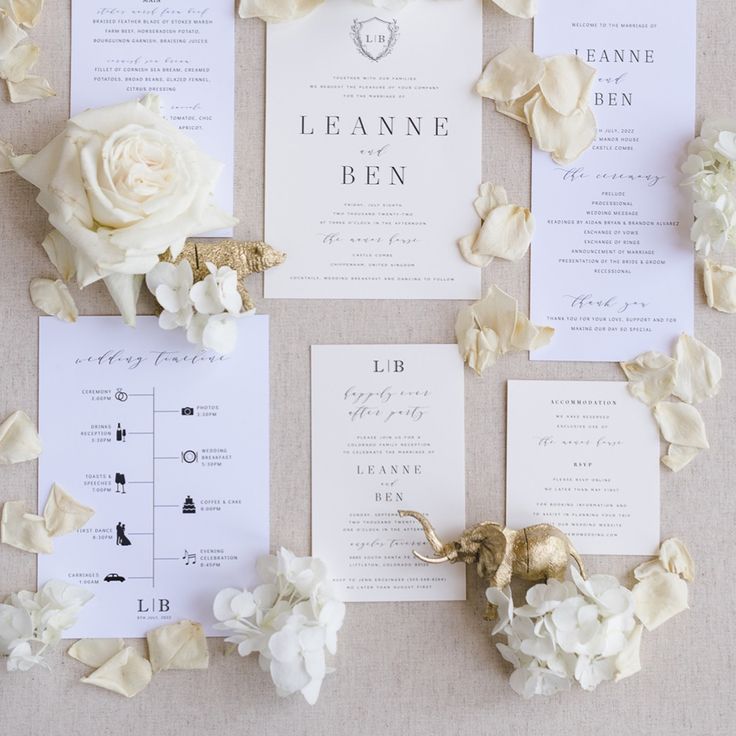Minimal White Wedding Stationery With White Rose Petals