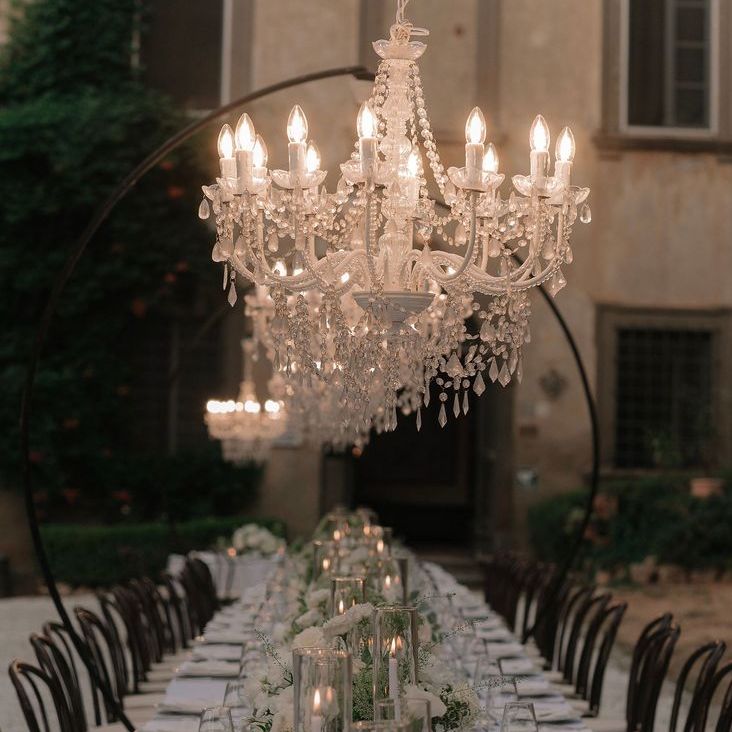 Outdoor Wedding Tablescape with Chandeliers