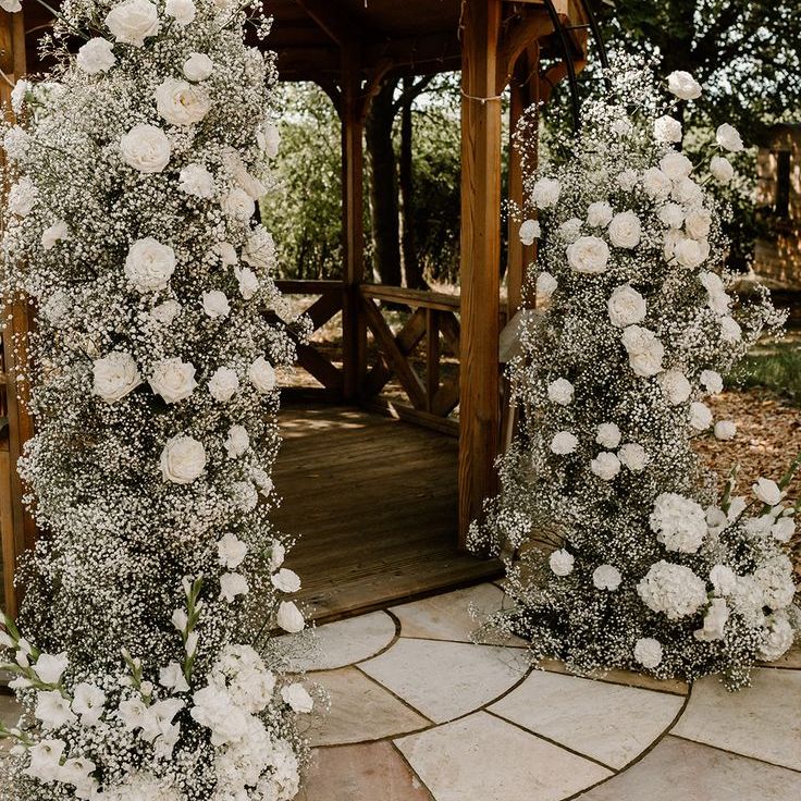 White Rose & Gypsophila Flower Columns for Altar Decor at Outdoor Wedding