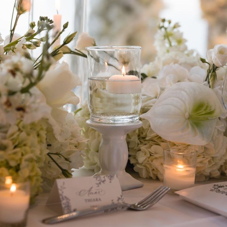 White on White Wedding Tablescape with Floating Tealights
