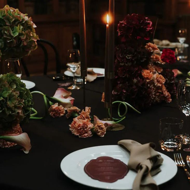 Deep wine red place setting for date night