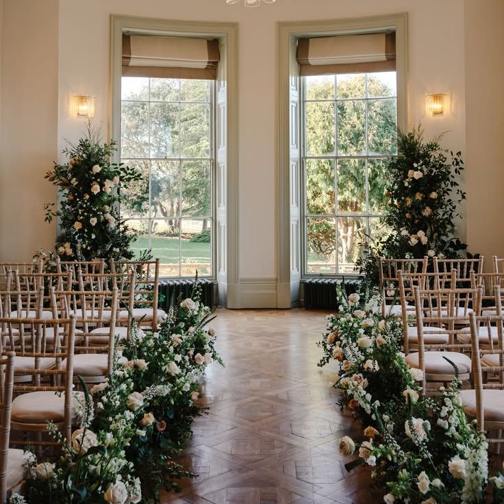 Henlade House Wedding Ceremony Space With Chandelier & Meadow Aisle Flowers