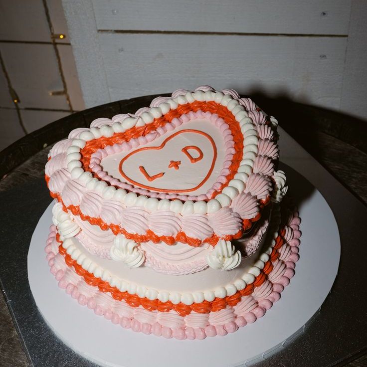 Pink, White & Red Heart Shaped Lambeth Wedding Cake With Couple's Initials