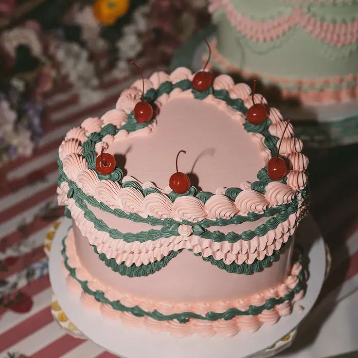 Vintage Pink & Green Heart Shaped Wedding Cake