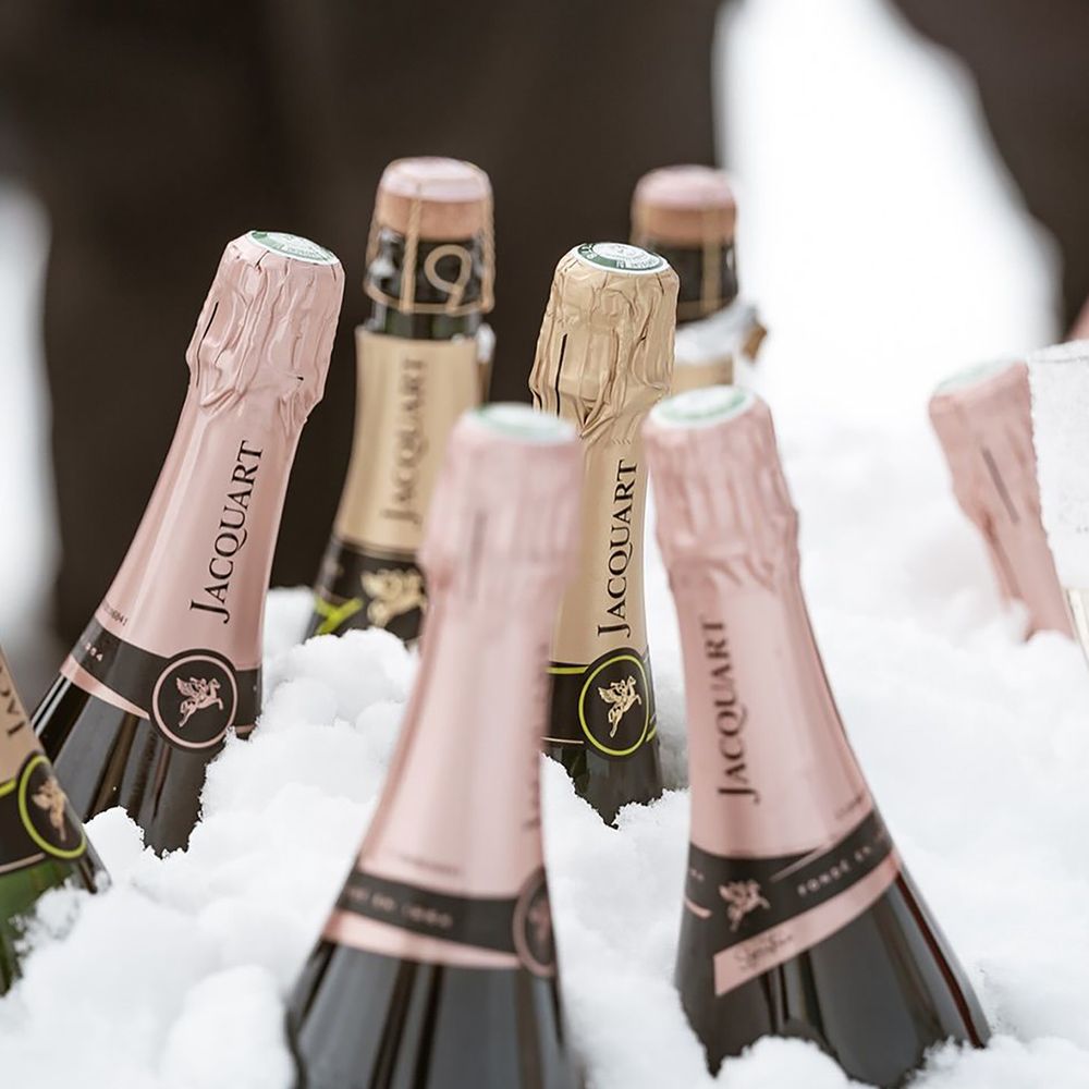 Apres ski champagne bottles in snow