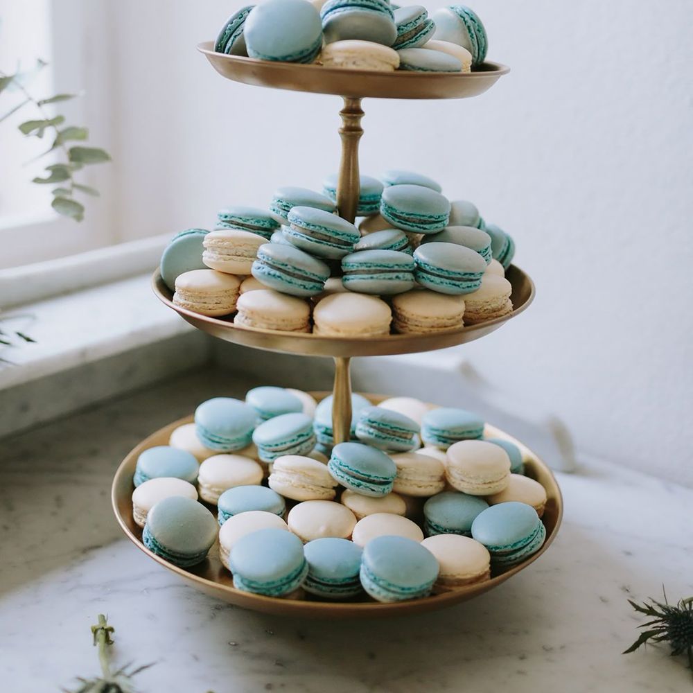 Blue and white macaroon tower