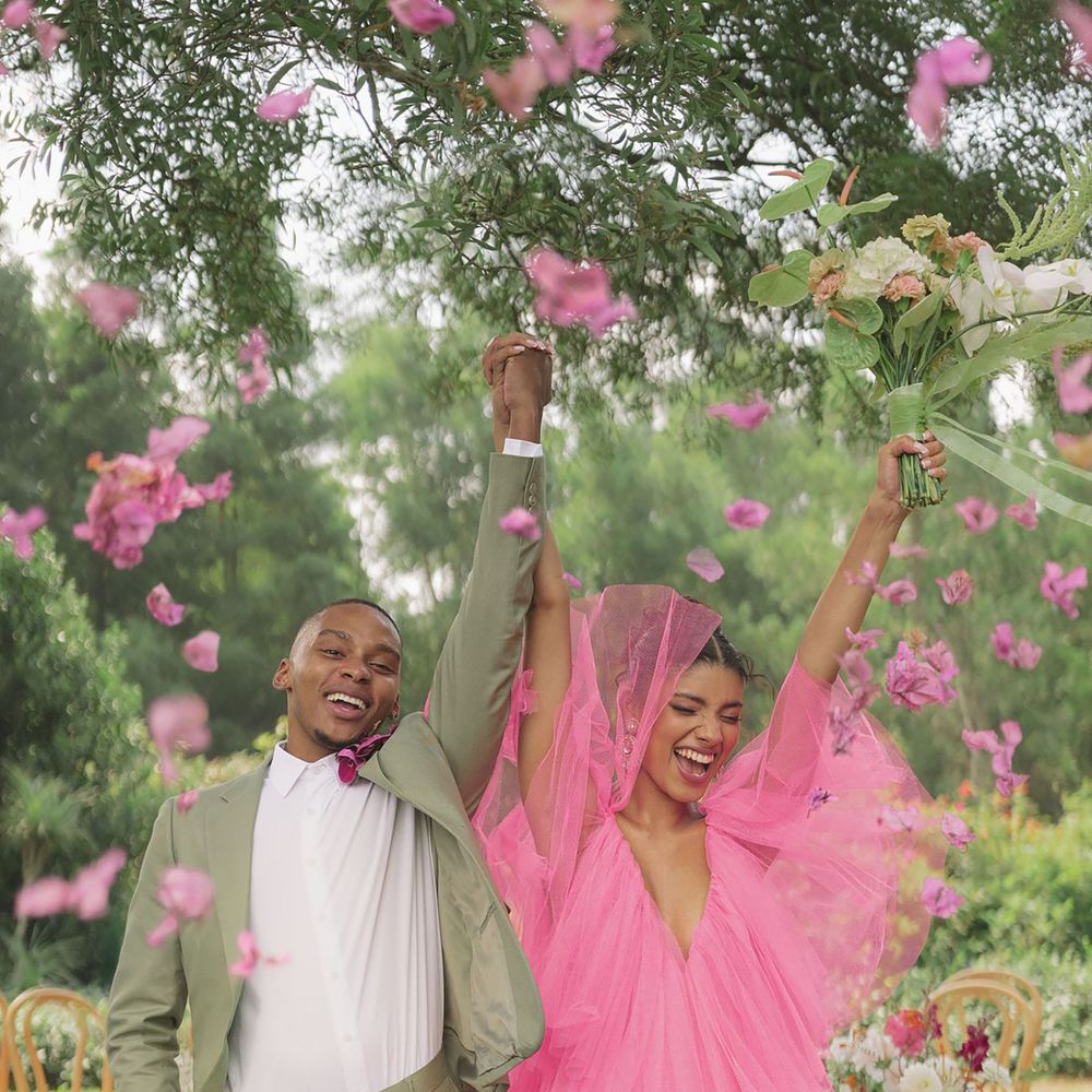 Green and pink wedding outfits
