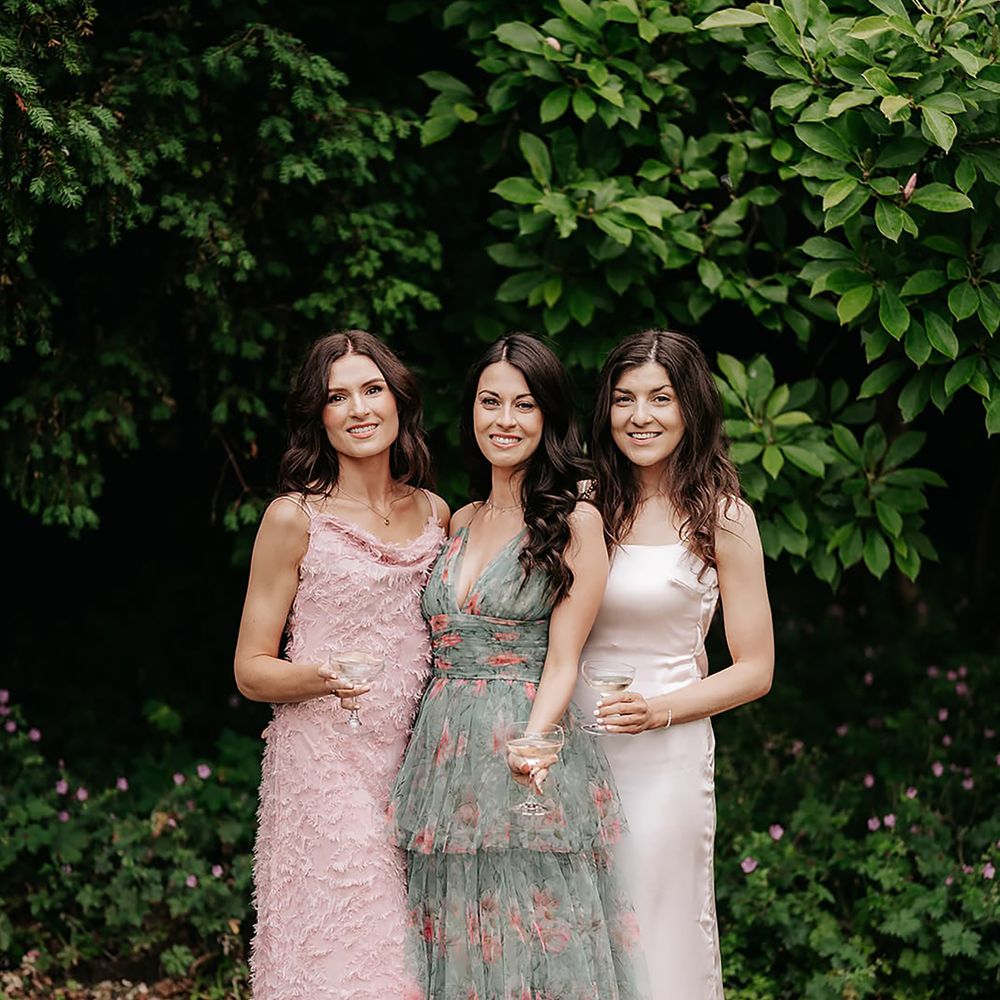 Pastel pink and sage green wedding guest dresses