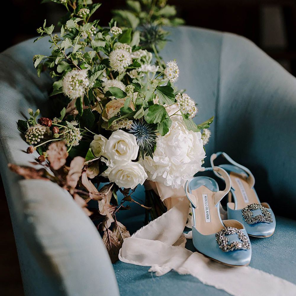 Something blue wedding shoes and bridal bouquet