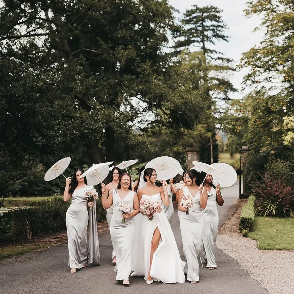 Brinsop Court Wedding Photograph White Summer Bridesmaids Umbrellas