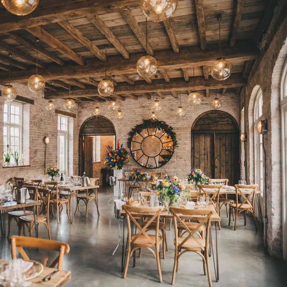 Reception layout barn sphere candle light decor