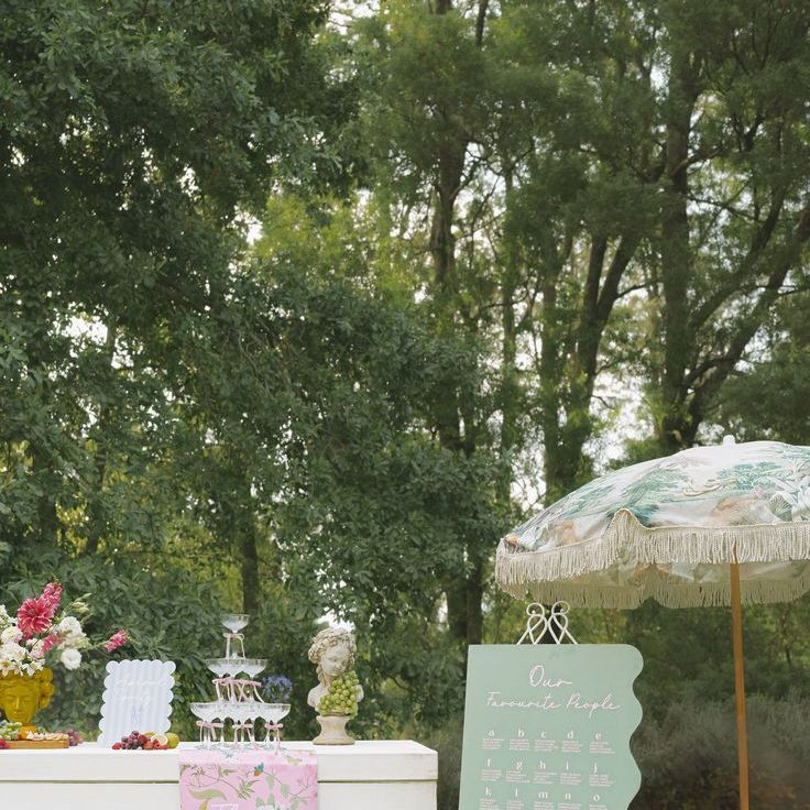 Outdoor Wedding Bar With Pink & Green Decor