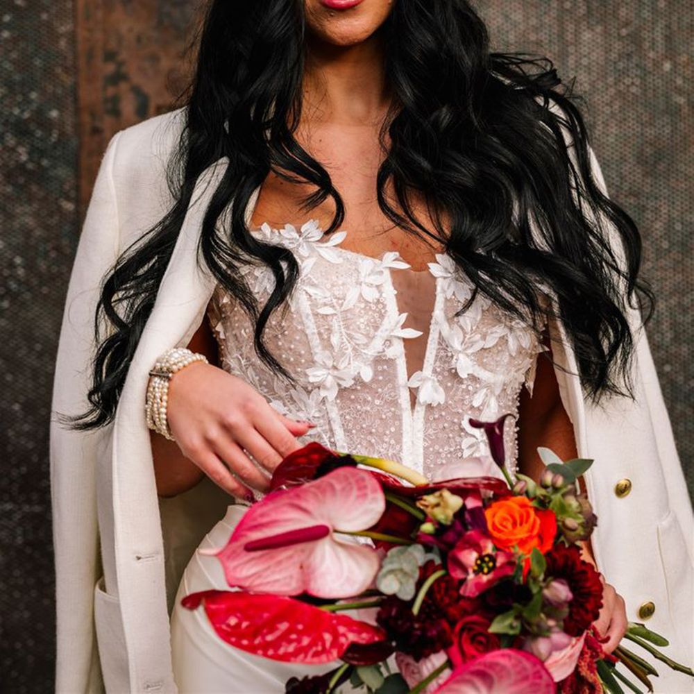 Bride Wears White Beret Hat With White Blazer Jacket with Long Black Hair