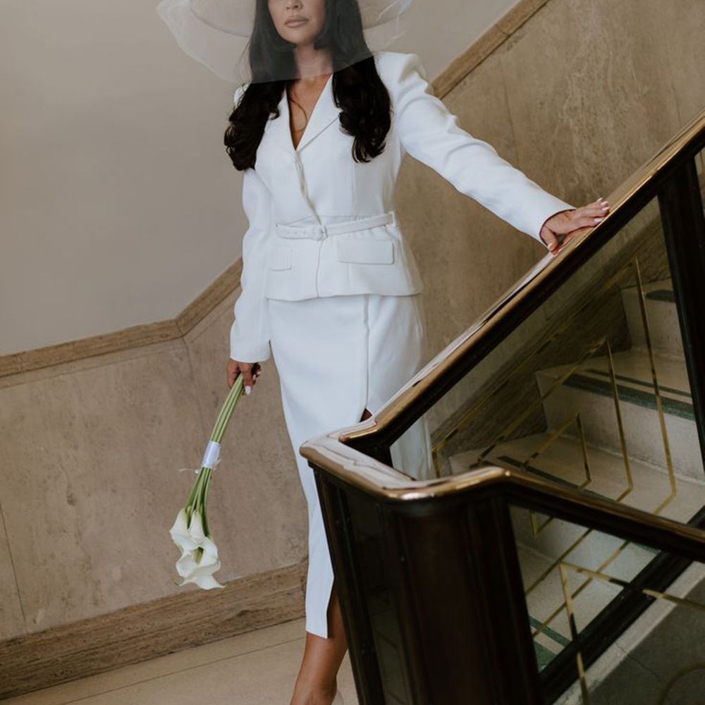 Bride in Registry Office Wedding Dress with Blazer & Wide Brimmed Hat