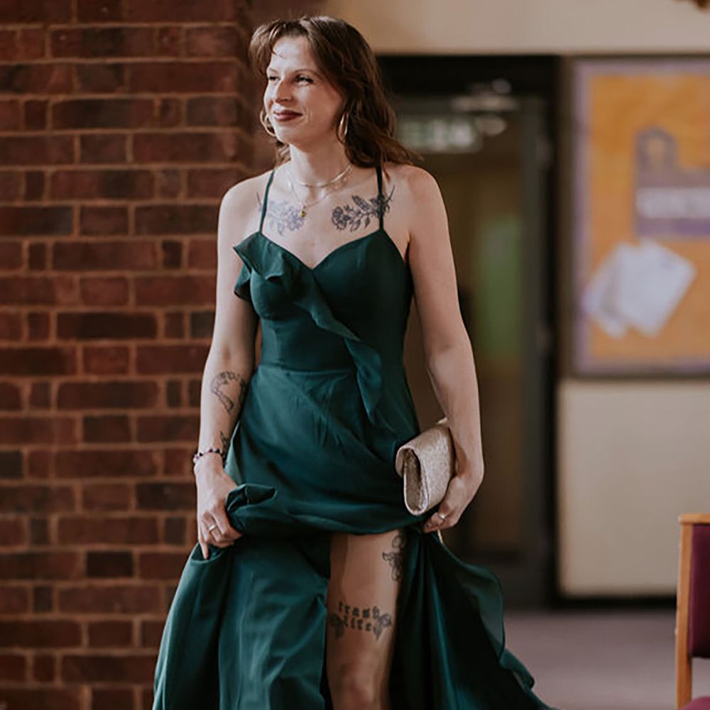 Dark green ruffle autumn wedding guest dress