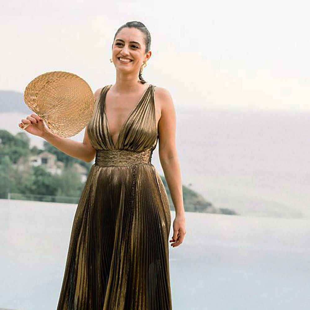 Bronze metallic autumn wedding guest dress